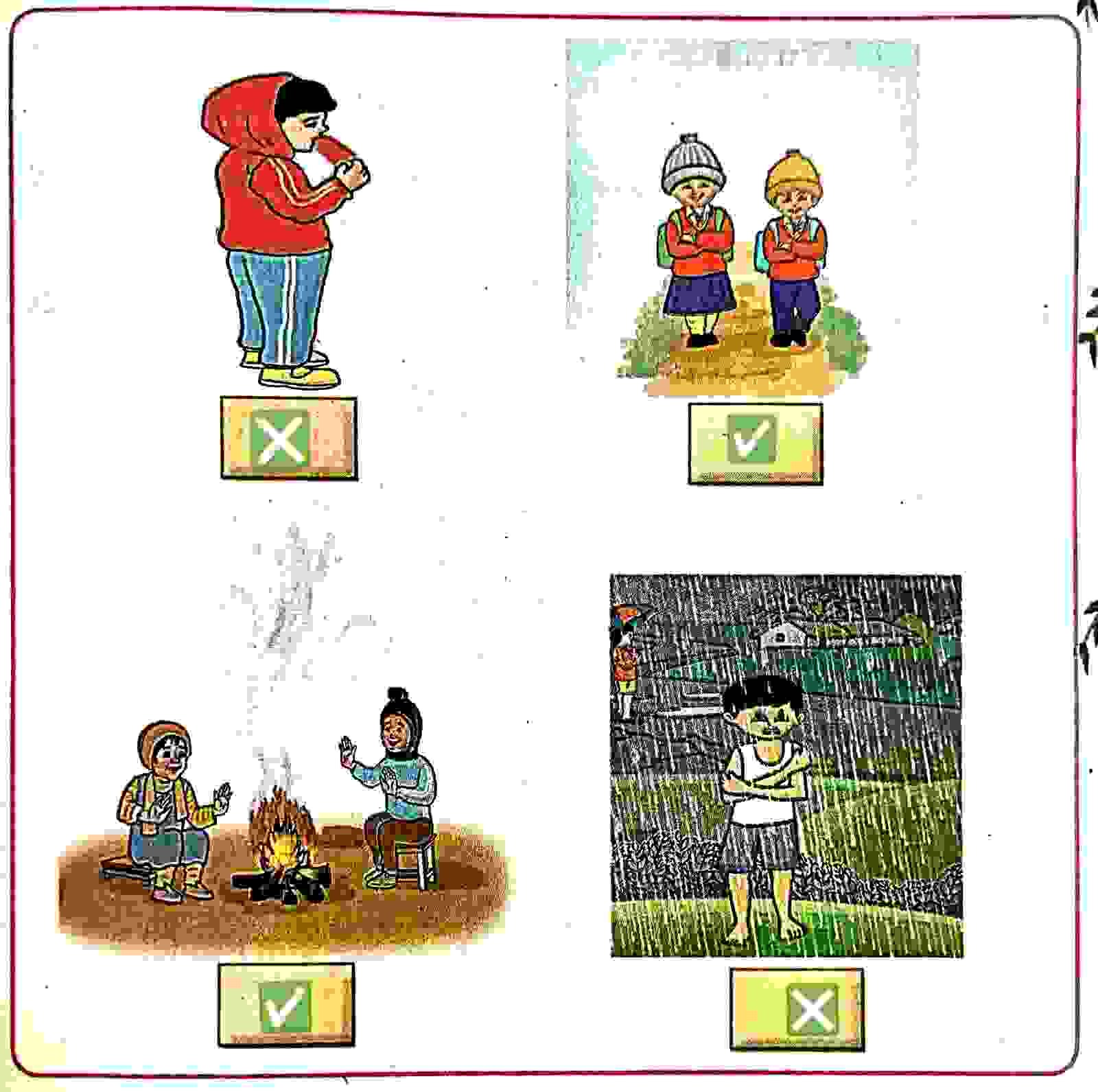 20. Look at the pictures. Put a tick (✔) in the box to show what you should do in the winter season. Put a cross (x) in the box to show what you should not do in winter: Class 3 English Lesson 1 Clouds | Class 3 English Question Answer | Assam Board